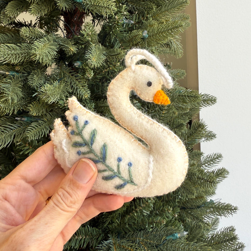 Swan with Branch Embroidered Wool Ornament