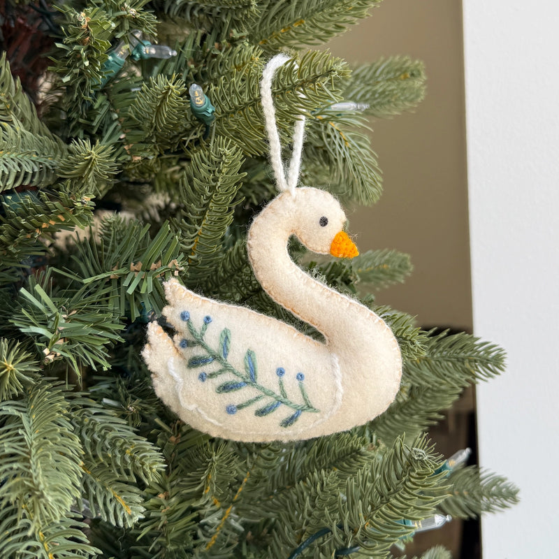 Swan with Branch Embroidered Wool Ornament