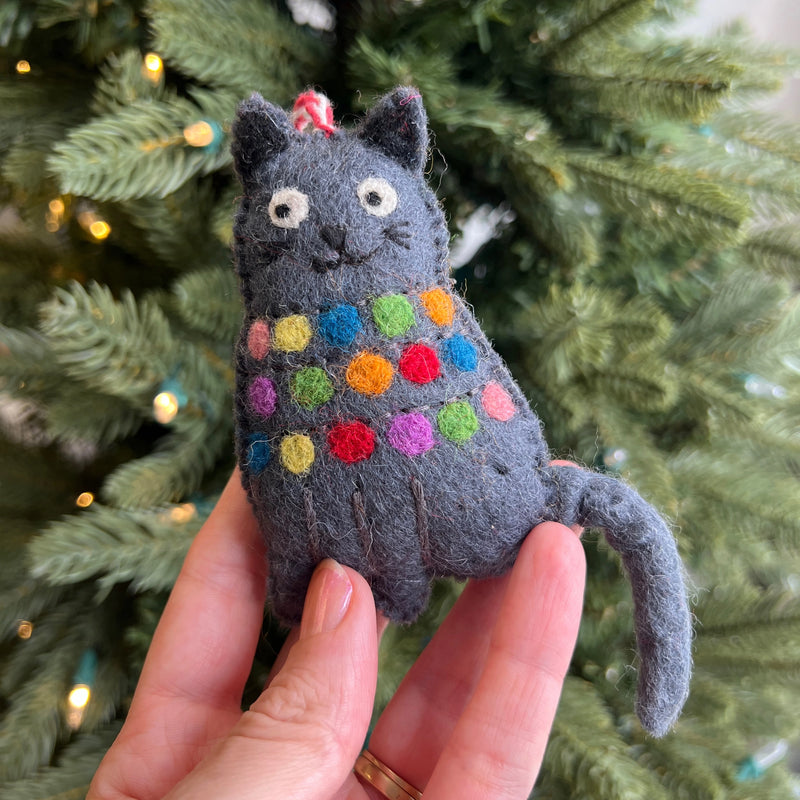 Cat Tangled in Lights Wool Ornament