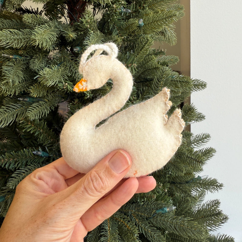 Swan with Branch Embroidered Wool Ornament