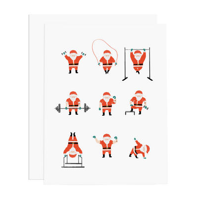 Illustrations of a fitness Santa Claus performing various exercises on a white background