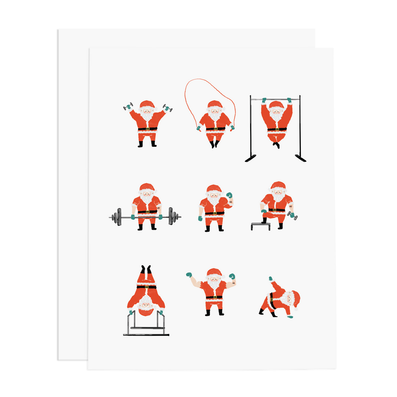 Illustrations of a fitness Santa Claus performing various exercises on a white background