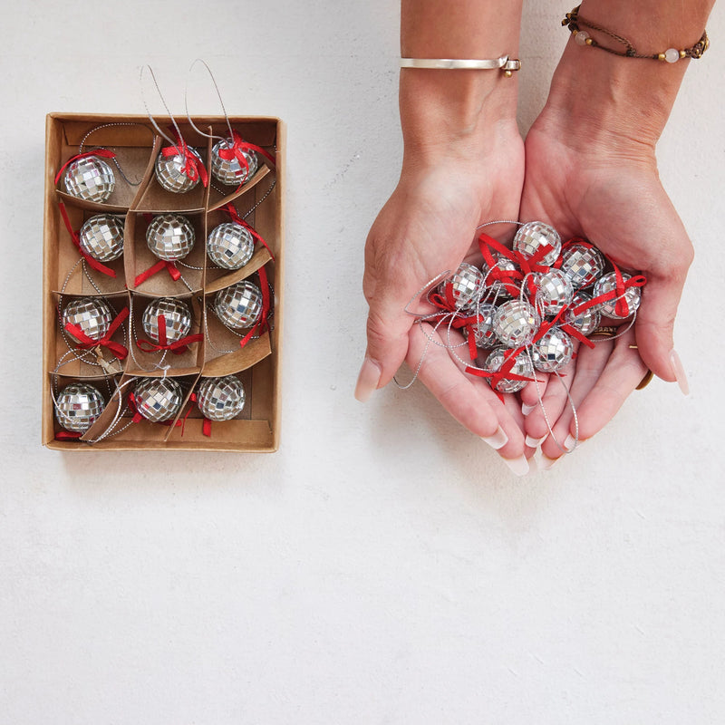 Mini Mirror Ball Ornaments with Bow - Set of 12