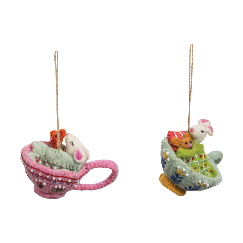 Wool Sleeping Mouse in Teacup Ornament (2 Styles)
