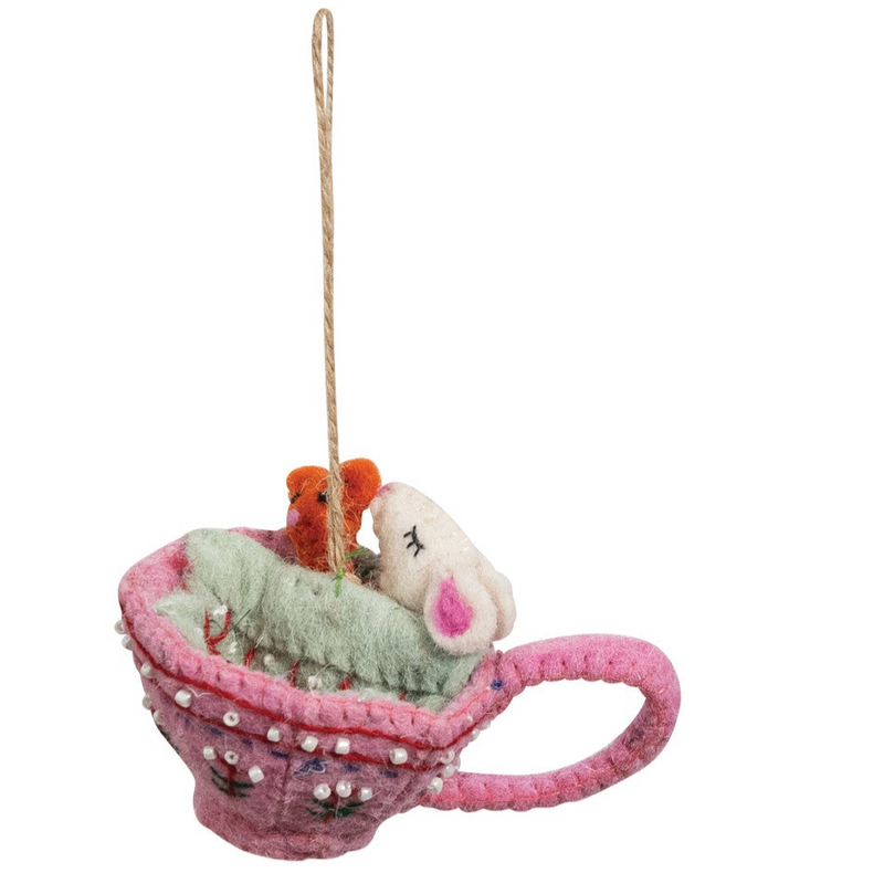 Wool Sleeping Mouse in Teacup Ornament (2 Styles)