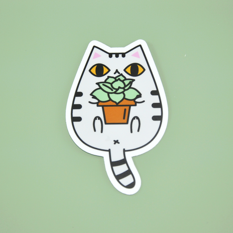 Gray Tabby Cat and Succulent Plant Vinyl Sticker