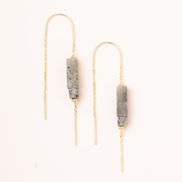 Rectangle Stone Thread Earrings - Labradorite/Black/Gold